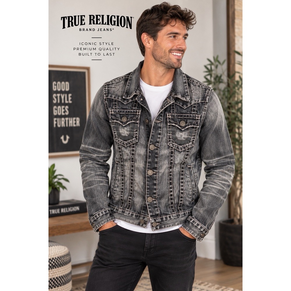 True Religion Jimmy Super T Denim Jacket Men's M Black Gray Horseshoe Y2K